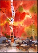 watercolor birch tree, red, orange